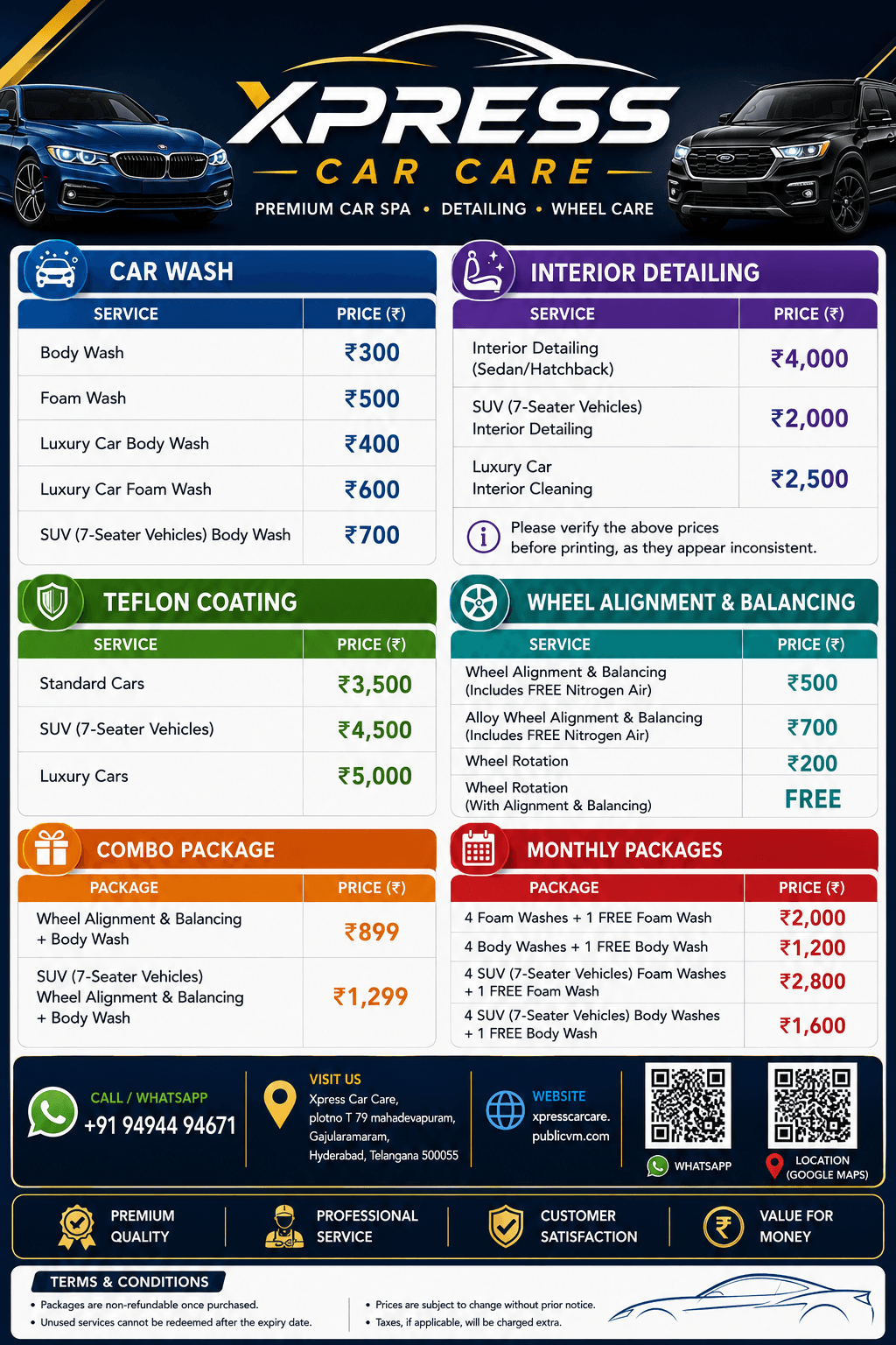 Xpress Car Care Price Menu
